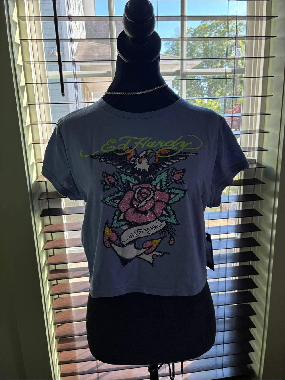 Ed Hardy Light Blue Short Sleeve Graphic Tee with Pink Rose